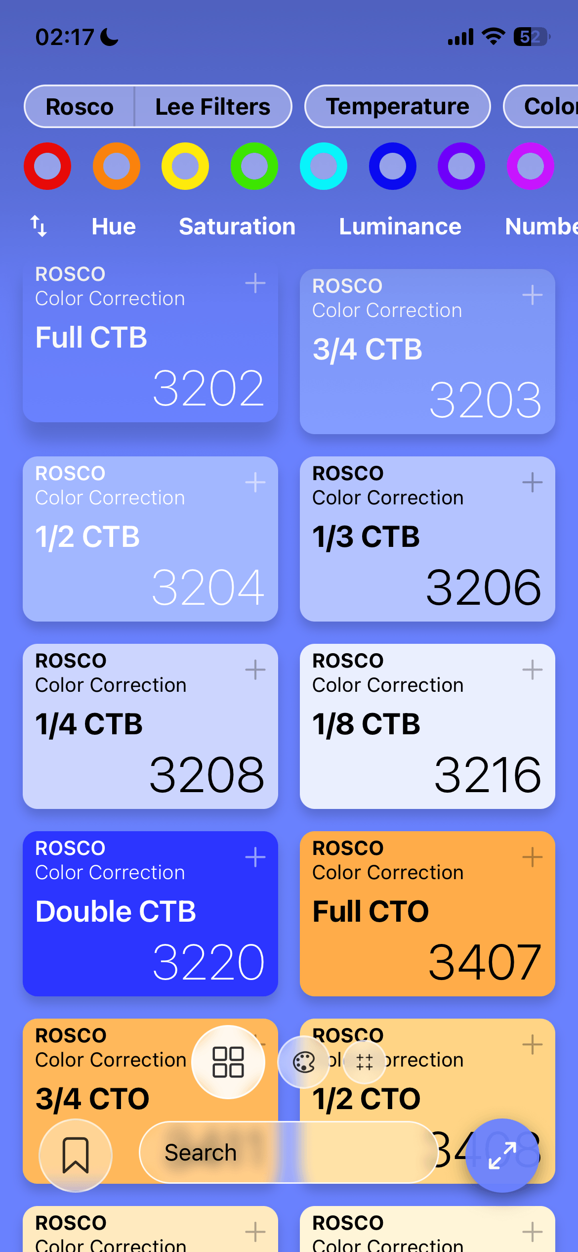 The Hueo gel library on an iPhone, showing Rosco color correction gels