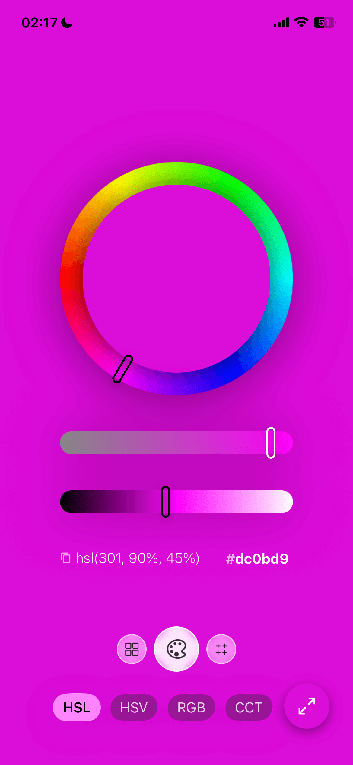 The color picker wheel with HSL, HSV, RGB and CCT selectors