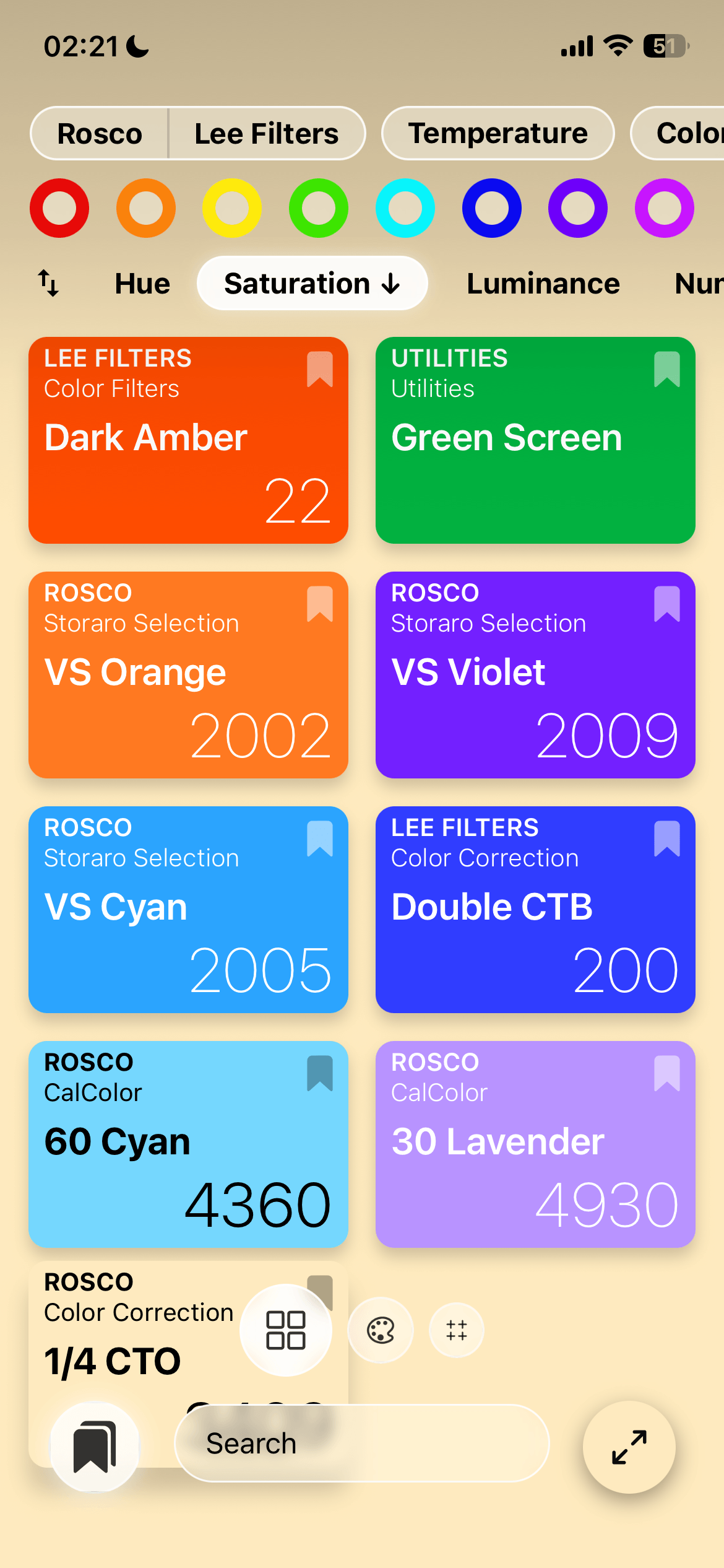 Gels sorted by saturation, with bookmarked favourites highlighted