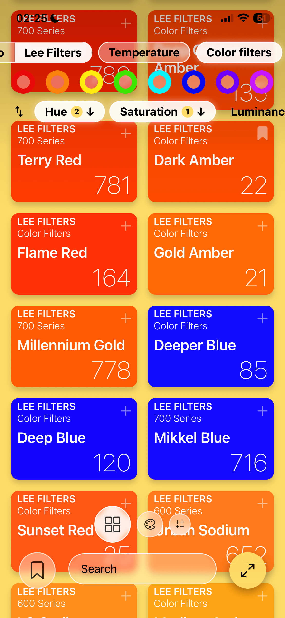 Gels sorted by hue and then saturation, with the brand, temperature and category filters